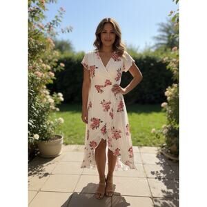 Altar’d State Floral Wrap Maxi Dress Women’s L –Peony Print High Low Boho Style